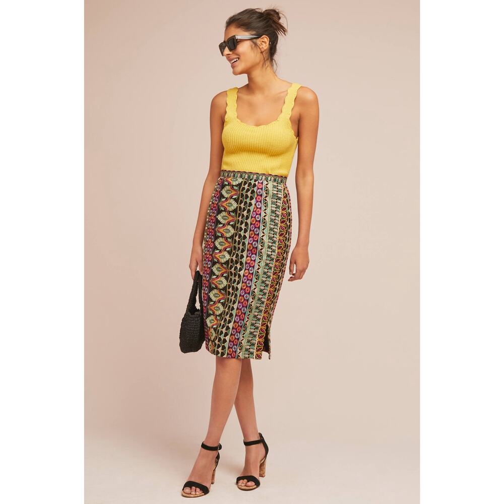 Vanessa Virginia Anthropologie Embroidered Pencil‎ Skirt Size 12 Boho Maximalist